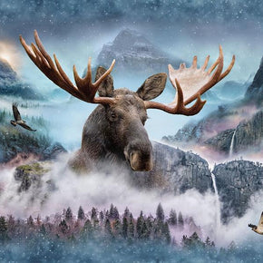 Hoffman - Call of the Wild - Spectrum Digital Print - Moose - Waterfall - 43" x 33" Panel - Cotton Fabric by the Panel Q4428-449